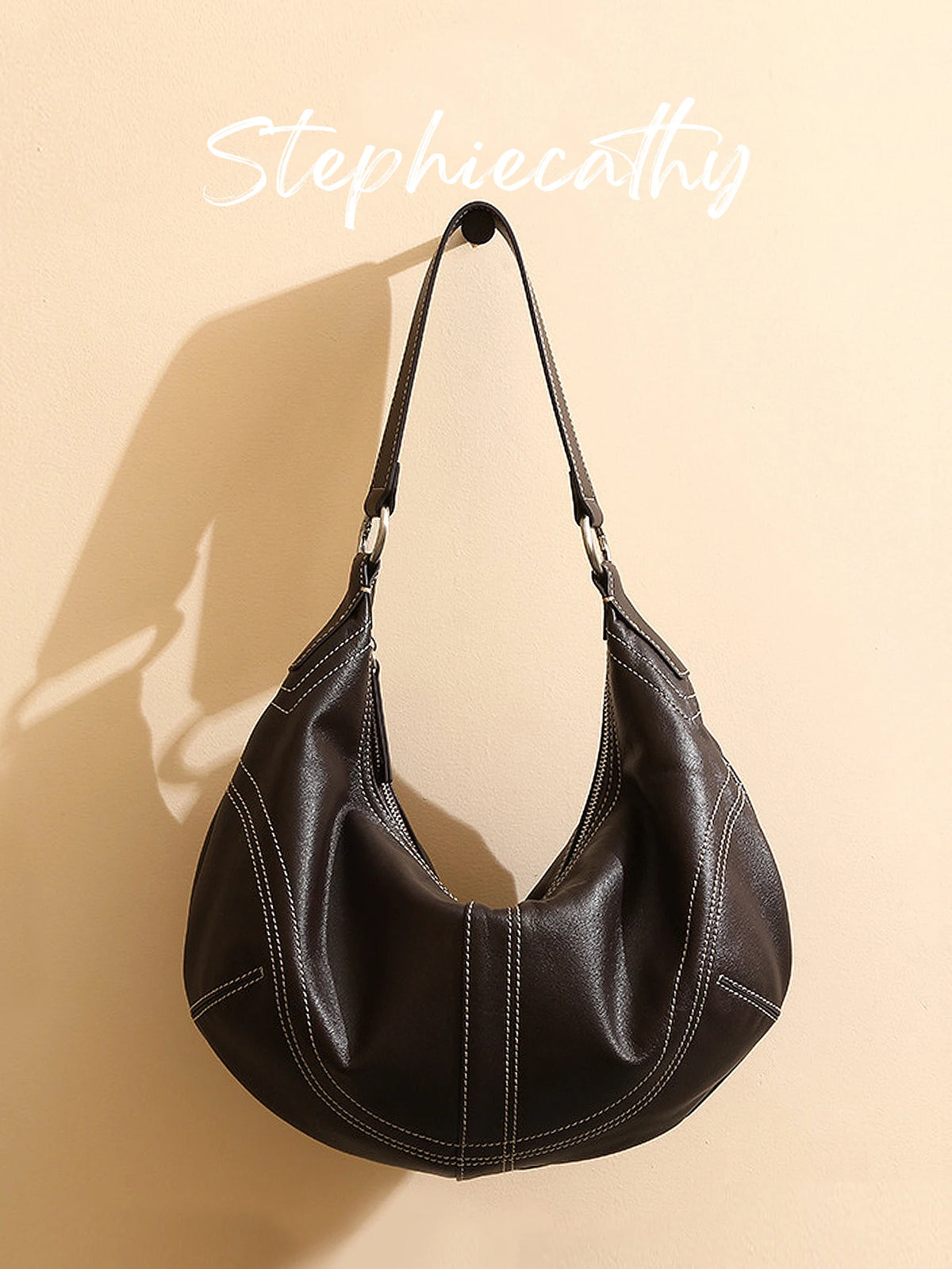 Contrast-Stitch Crescent Bag