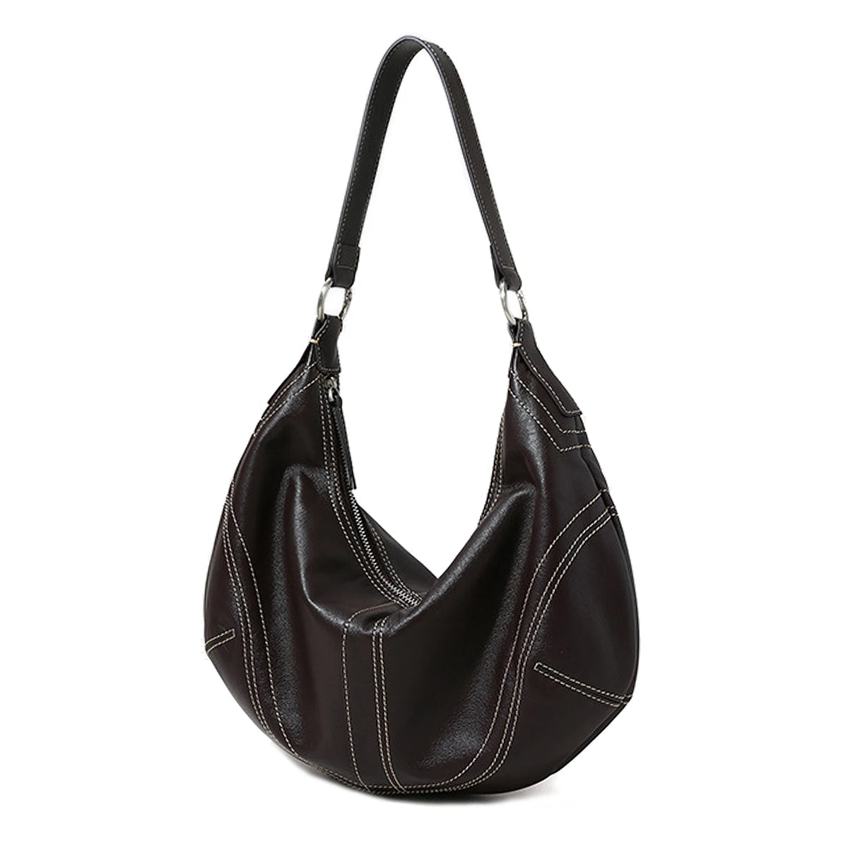 Contrast-Stitch Crescent Bag