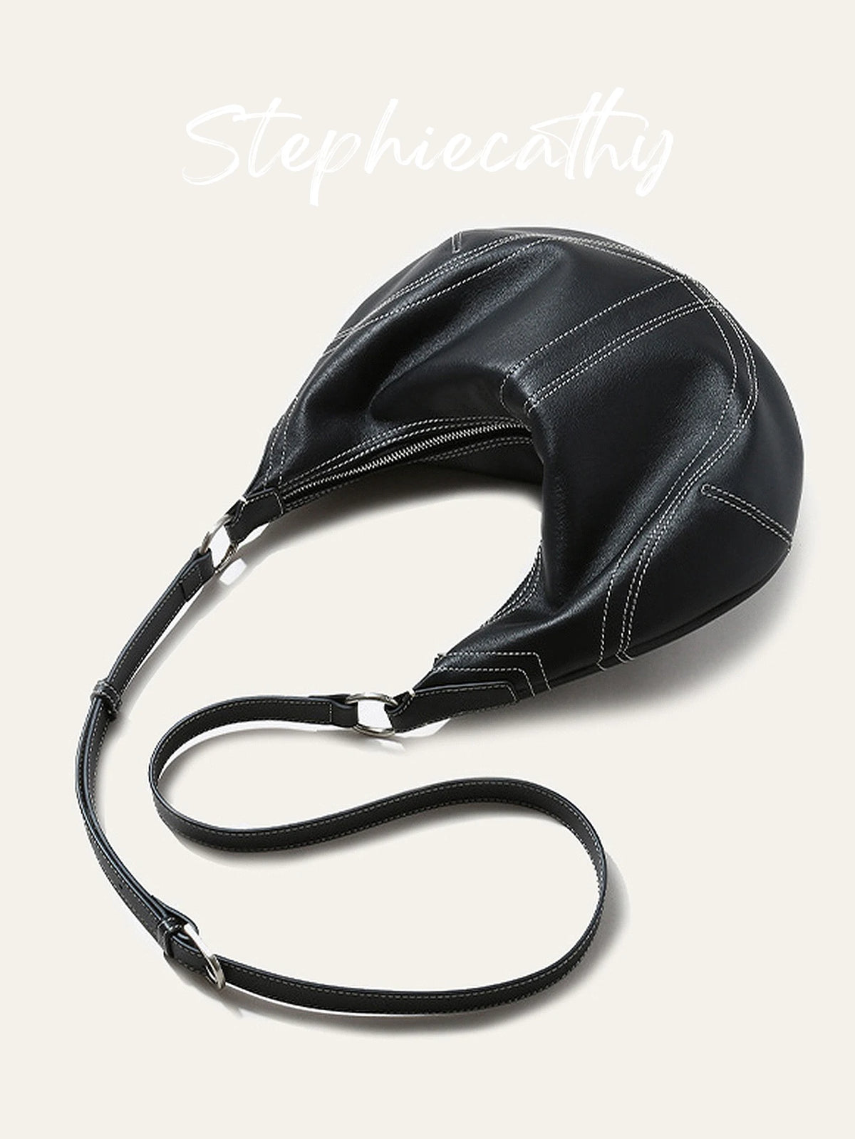 Contrast-Stitch Crescent Bag