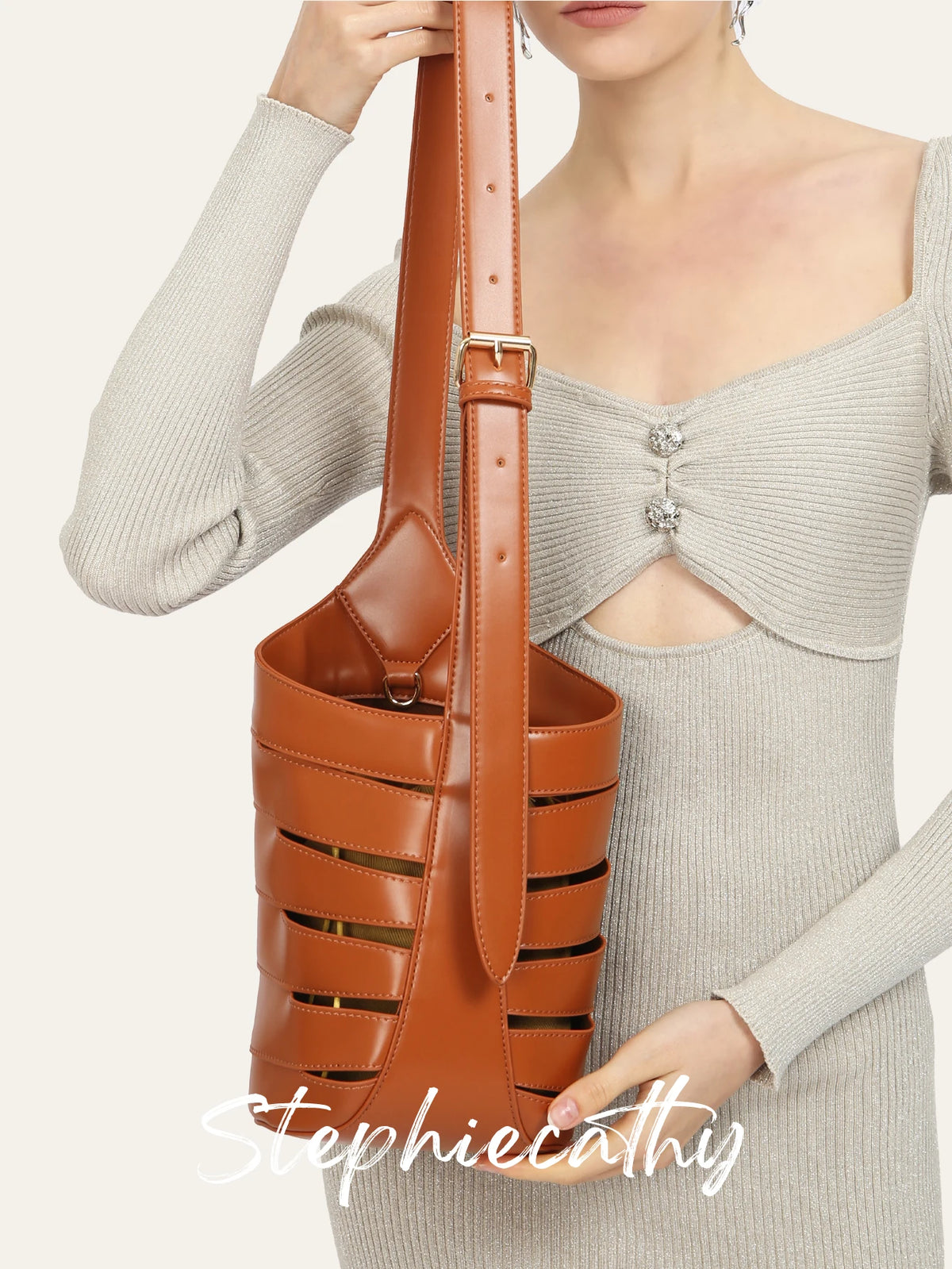 Cutout Drawstring Bucket Bag