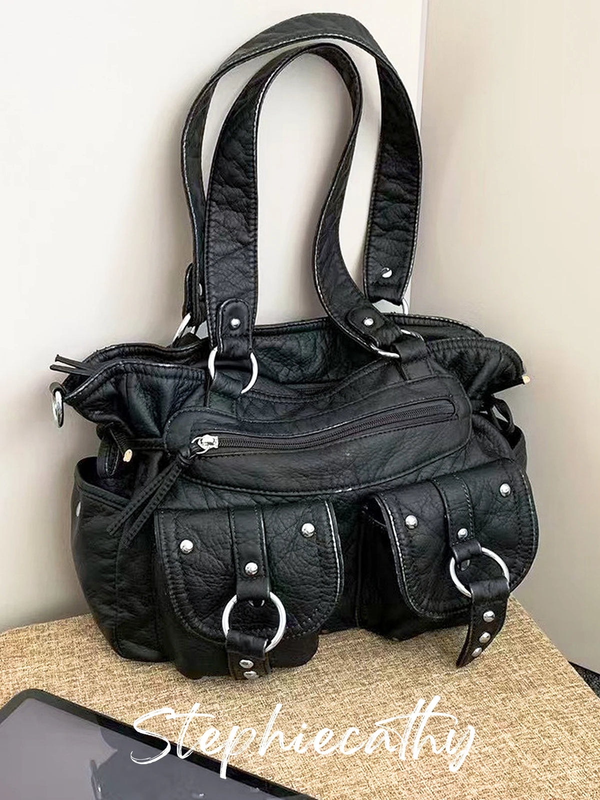 Studded Multi-Pocket Satchel