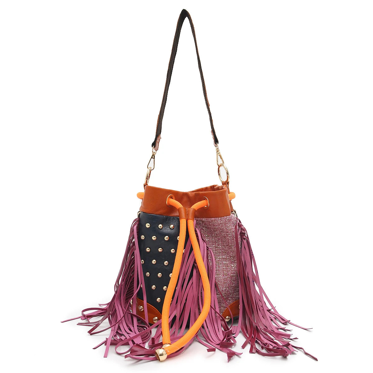Fringe Patchwork Bucket Bag