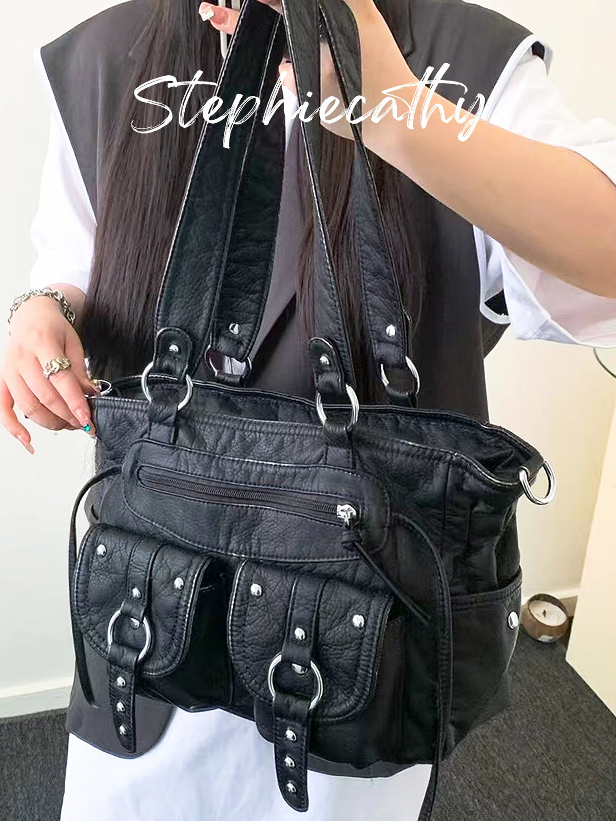 Studded Multi-Pocket Satchel