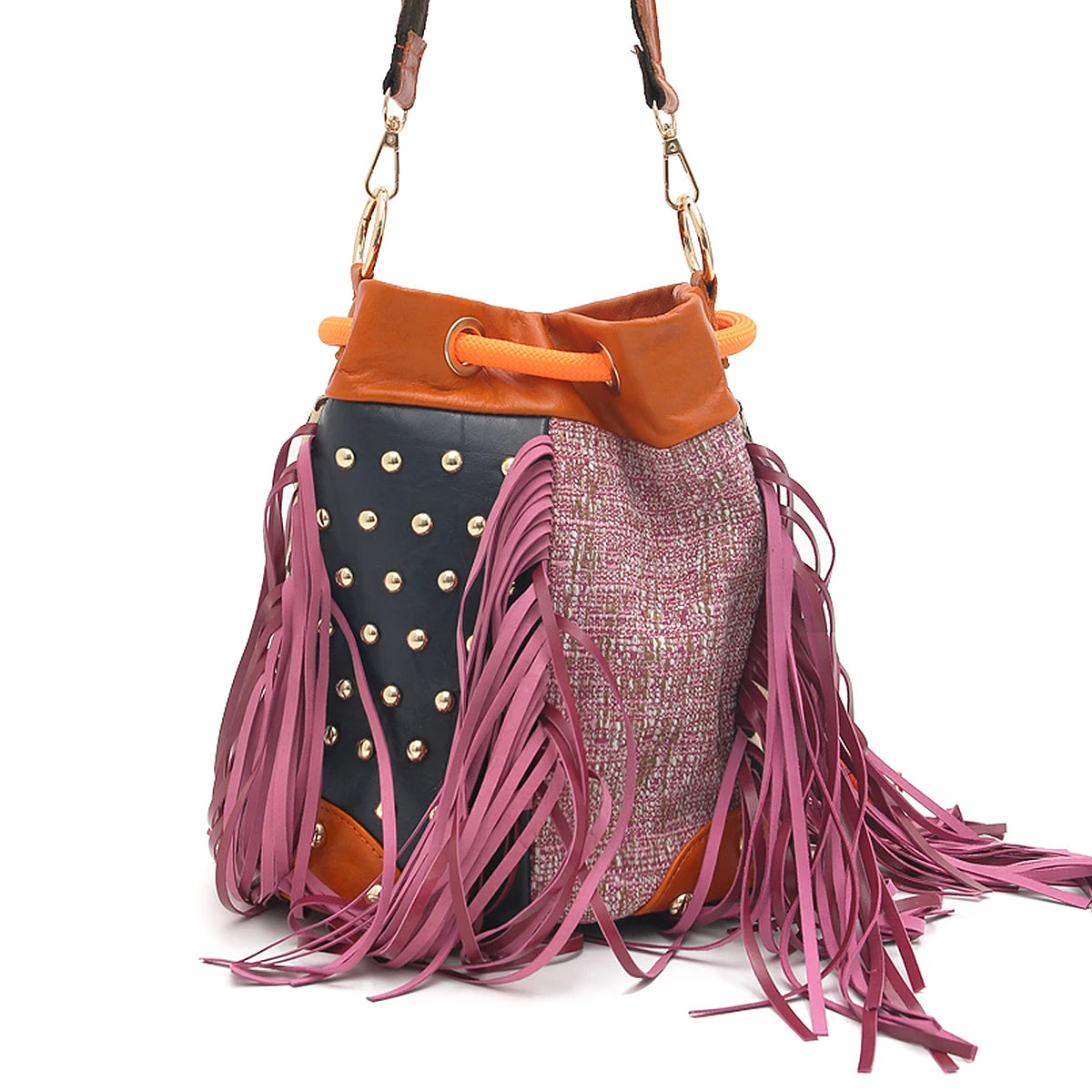 Fringe Patchwork Bucket Bag
