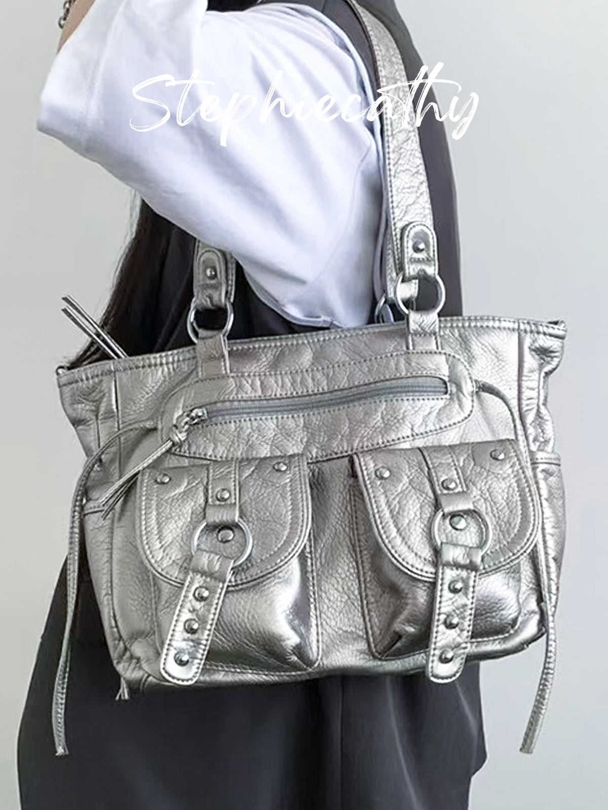 Studded Multi-Pocket Satchel