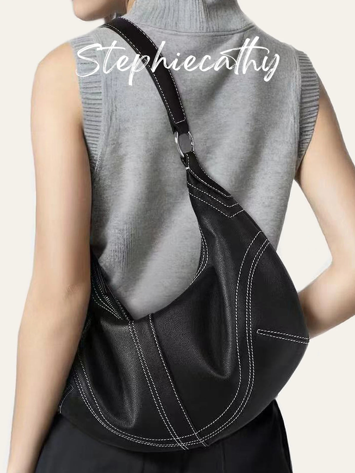 Contrast-Stitch Crescent Bag