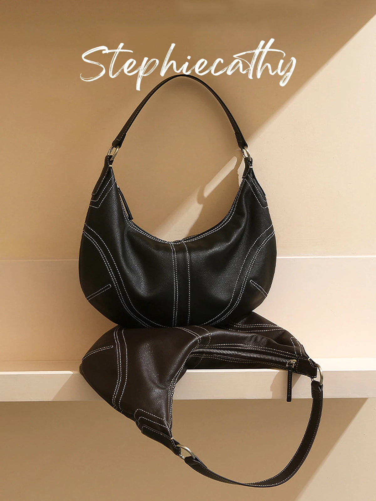 Contrast-Stitch Crescent Bag