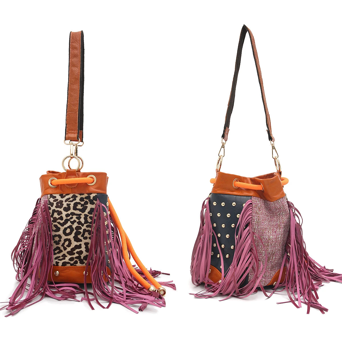 Fringe Patchwork Bucket Bag