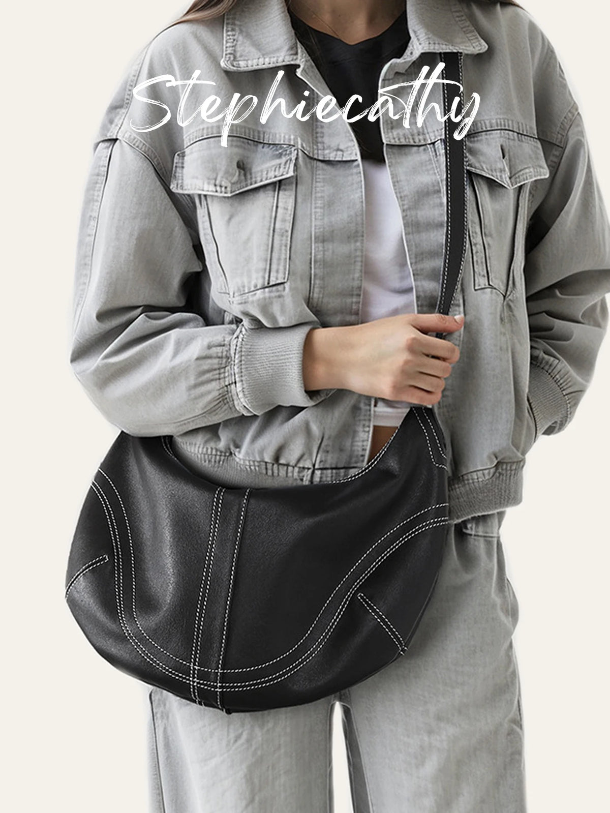 Contrast-Stitch Crescent Bag